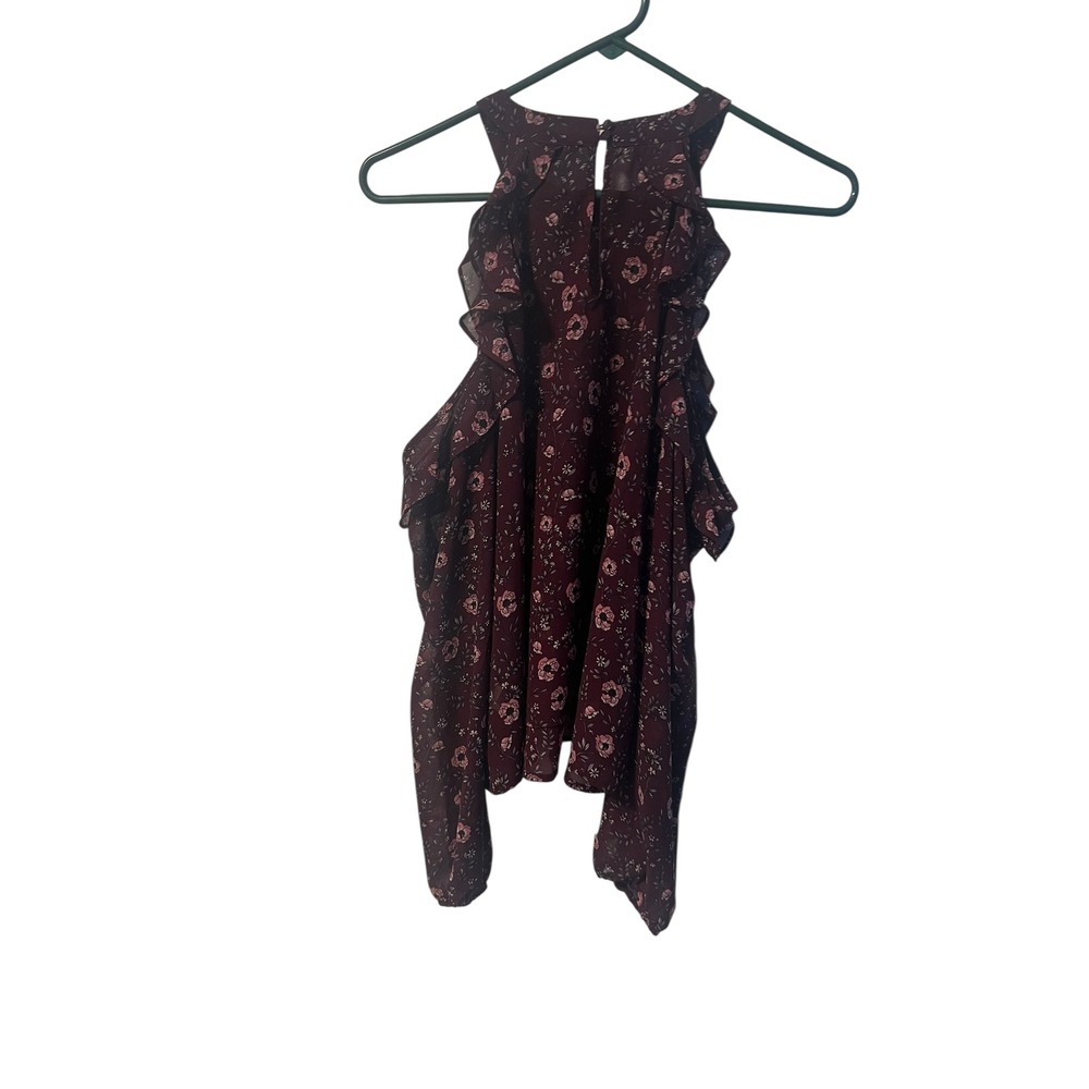 Aeropostale Floral Cold Shoulder‎ Ruffle Blouse Long Sleeve Top Maroon M - Picture 6 of 8
